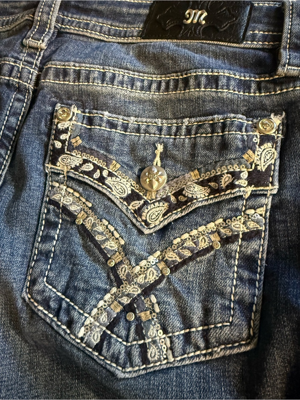 Miss Me Blue Denim Jeans with Gold Embellishment